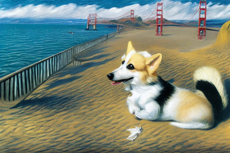 Sable haired heart shaped face Corgi with tail on sand at the beach, Golden Gate Bridge in background by Rene Magritte s