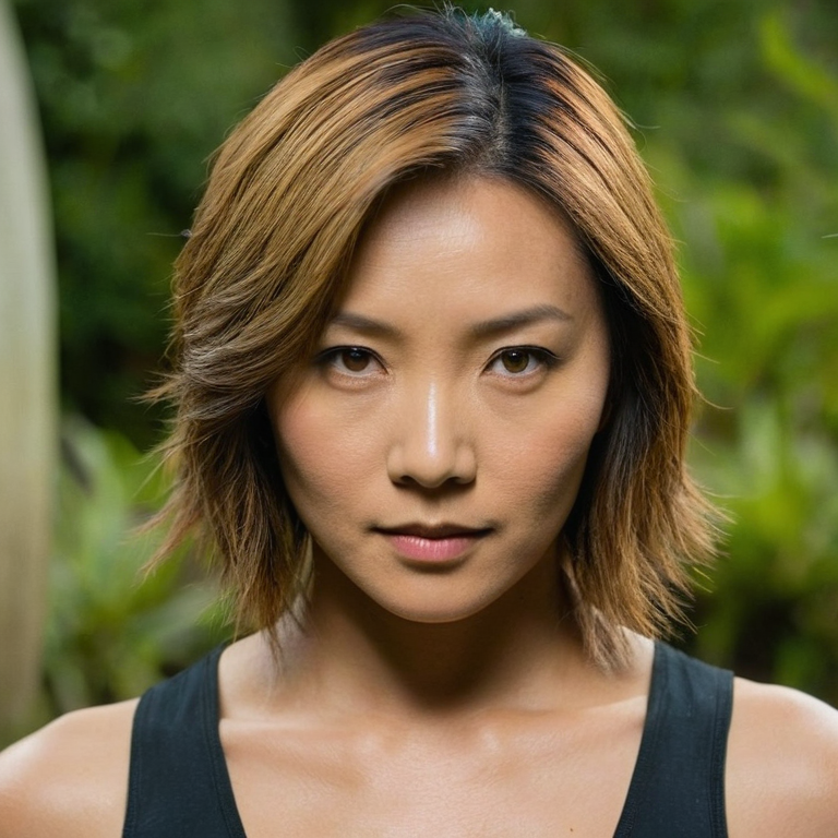 front shot, actor photo of a Lora Croft Asian  looks at viewer, cinematic shot