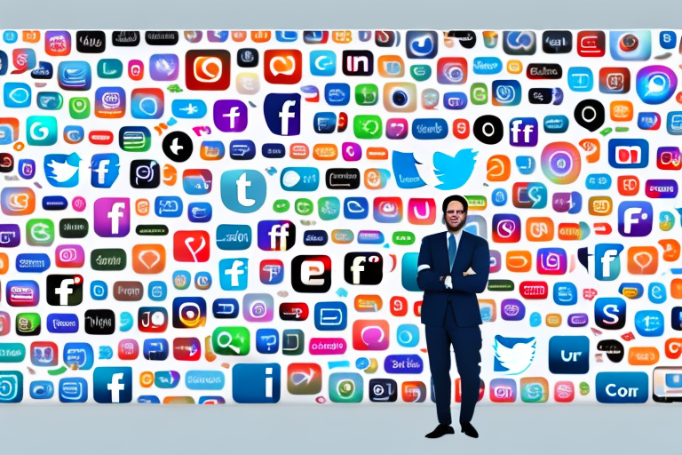 A Businessperson Standing In Front Of A Wall Of Social Media Logos, Hand-Drawn Abstract Illustration For A Company Blog, In Style Of Corporate Memphis, Faded Colors, White Background, Professional, Minimalist, Clean Lines