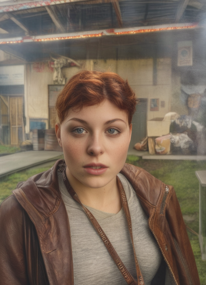 Female, 20 years old, thin bodyweight, short wavy auburn hair, brown eyes, long leather coat., realistic, HD color photo