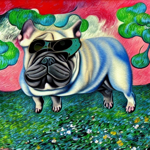 A fun colored French bulldog by Rene Magritte surrealist by Vincent van Gogh by da Vinci by Gustav Klimt by Picasso