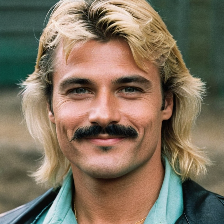 front shot, actor photo of a Black hair mullet mustache blonde eyebrows smile  looks at viewer, cinematic shot
