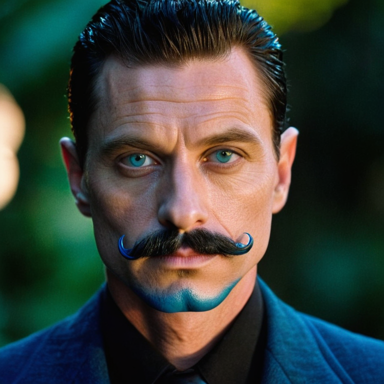 front shot, actor photo of a Blue skin alien mustache  looks at viewer, cinematic shot