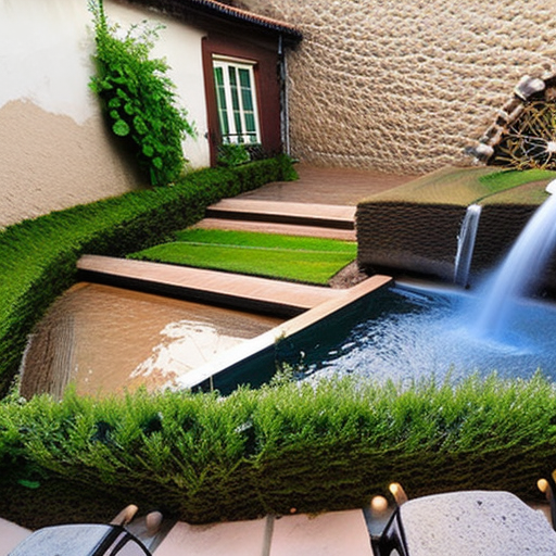 Patio con pileta y cascada en un pueblo rural