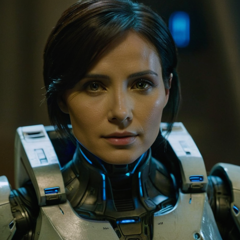 front shot, actor photo of a Cortana from halo  looks at viewer, cinematic shot