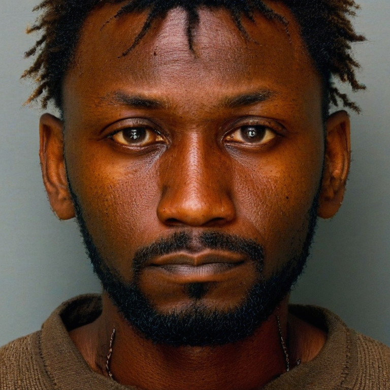front shot, mugshot photo of a African man 30s  looks at viewer, cinematic shot