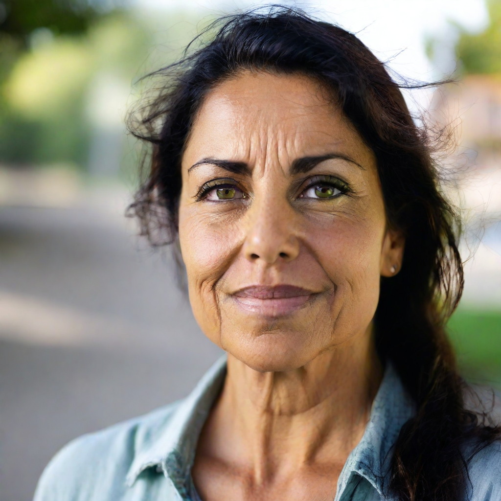 front shot, photo of a hispanic woman with green eyes, age 50  looks at viewer, cinematic shot