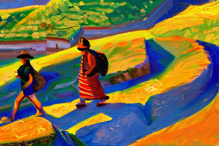 AI generated art representing "A man and woman hiking around Machu Picchu at golden hour evoke a playful, romantic mood. The scene is bathed in a warm, soft light, and the colors are vibrant, bright, and bold, with thick, textured brushstrokes creating a captivating atmosphere of hope and adventure."