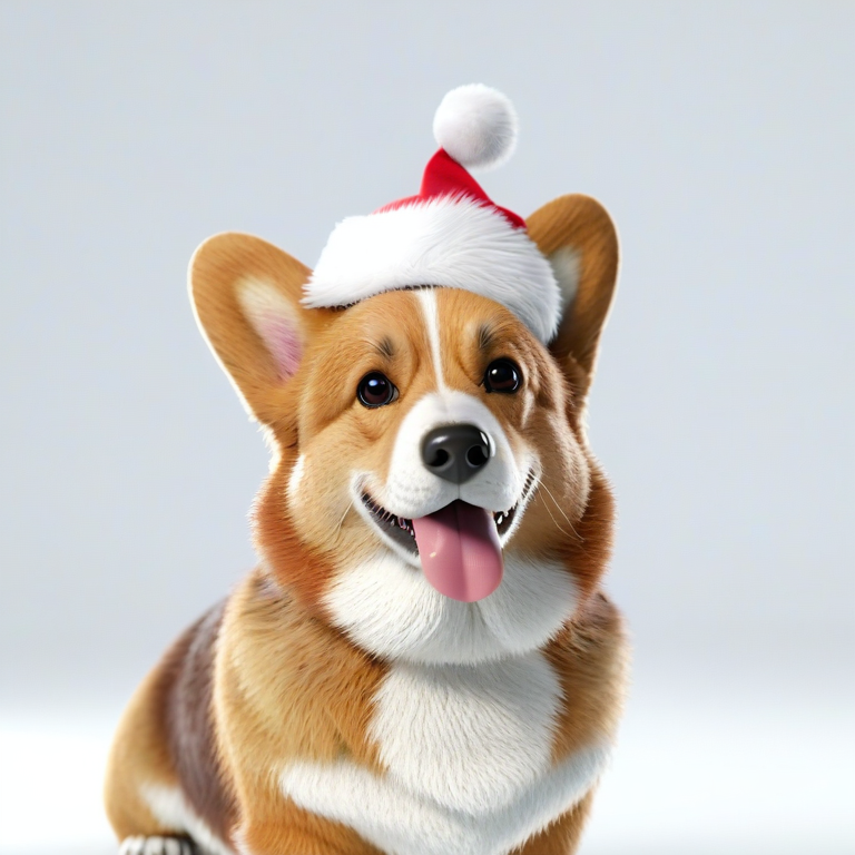 white background, front shot studio 3D render of corgi with santa hat, cinematic shot
