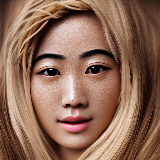 Asian woman, light freckles, pale tan skin, brown eyes, unkept eyebrows, realistic, HD color photograph