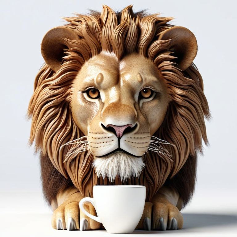 white background, front shot studio 3D render of espresso lion  looks at viewer, cinematic shot