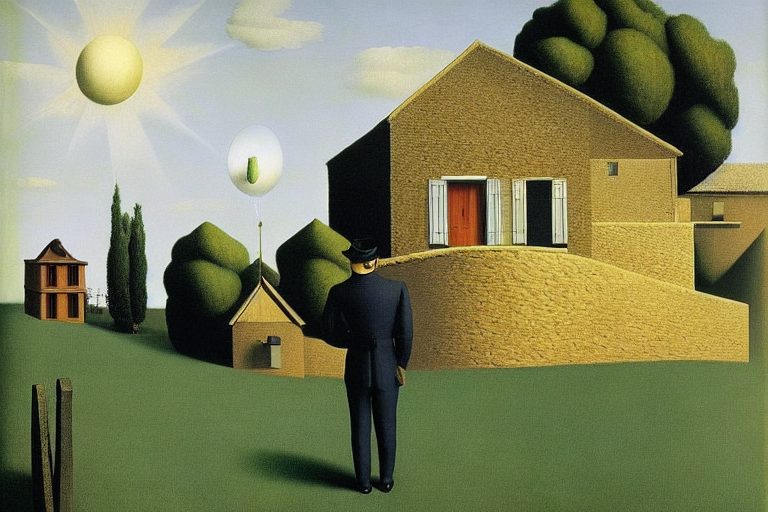 A person standing in front of a house on a sunny day by Rene Magritte surrealist by Salvador Dali by da Vinci