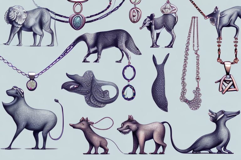 a variety of stylish animal necklaces, hand-drawn abstract illustration for a company blog, in style of corporate memphis, faded colors, white background, professional, minimalist, clean lines