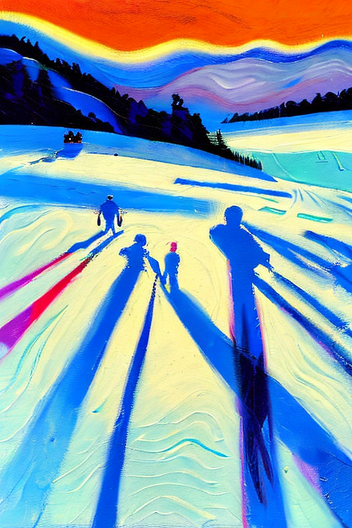 An AI generated image representing "silhouettes of skiers, skiing at whistler, viewed from afar, at golden hour, beautifully lit sky. "