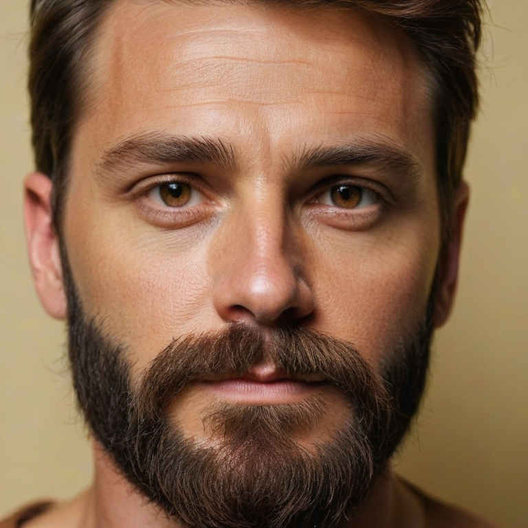 front shot, actor photo of a Brown hair beard  looks at viewer, cinematic shot