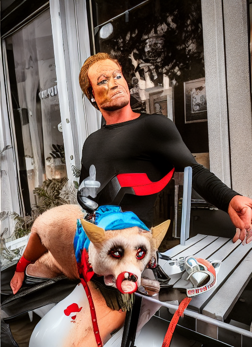 An 80s Conan RAMBO action hero posing over hipster cofeee shop