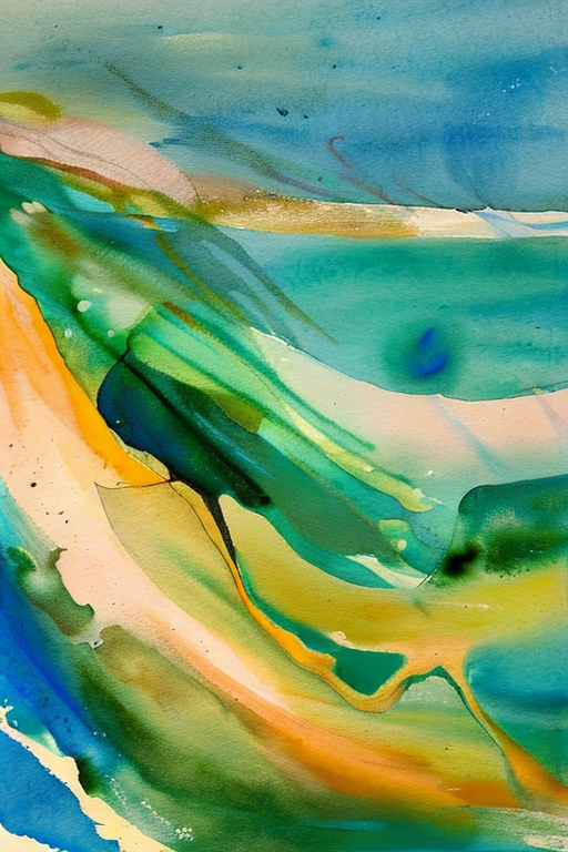 AI generated art representing "Create an abstract watercolor painting reminiscent of the style of Helen Frankenthaler, evoking the refreshing atmosphere of a coastal breeze. Use a color palette of soft blues, greens, and sandy yellows to convey the gentle movement of water and air. Incorporate organic shapes and fluid transitions between colors, capturing the essence of a tranquil seascape."