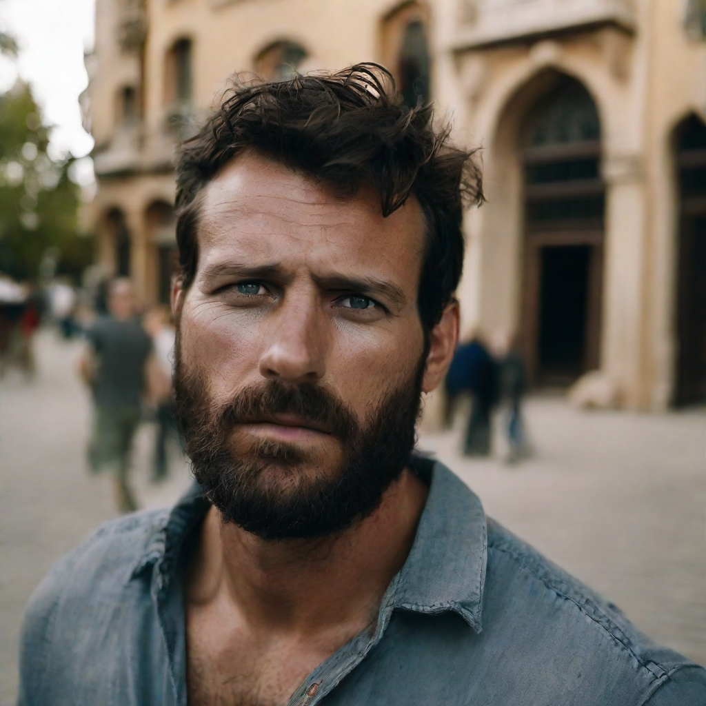 front shot, photo of a caucasian man looks at viewer, cinematic shot