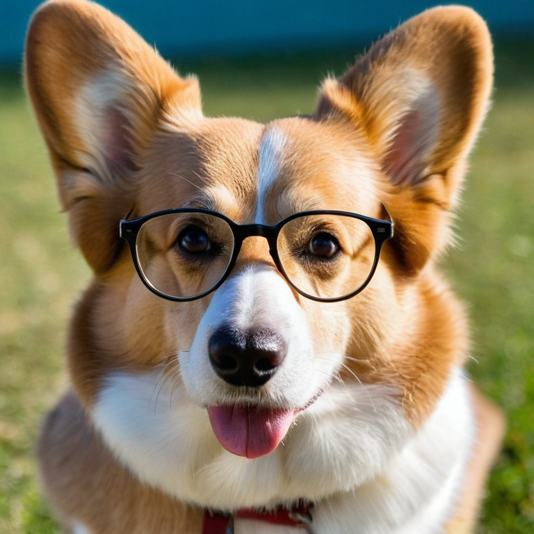 front shot, actor photo of a Corgis with glasses  looks at viewer, cinematic shot