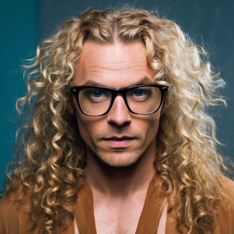 front shot, actor photo of a Long curly Blonde, hair tall glasses manic wild expression  looks at viewer, cinematic shot