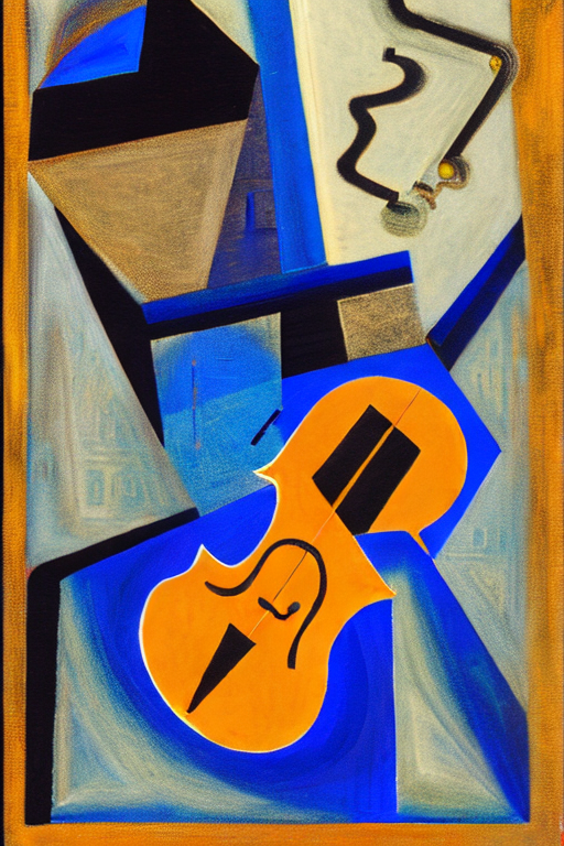 AI generated art representing "An eerie, surreal atmosphere emanates from a scene of broken planes and shapes. A man's face is barely visible, his features distorted and flattened. His figure is framed by a violins strings and a candlestick, all outlined in sharp geometric shapes. The colors are muted and somber - dark blues, greys, and browns - yet the scene is filled with a strange energy."