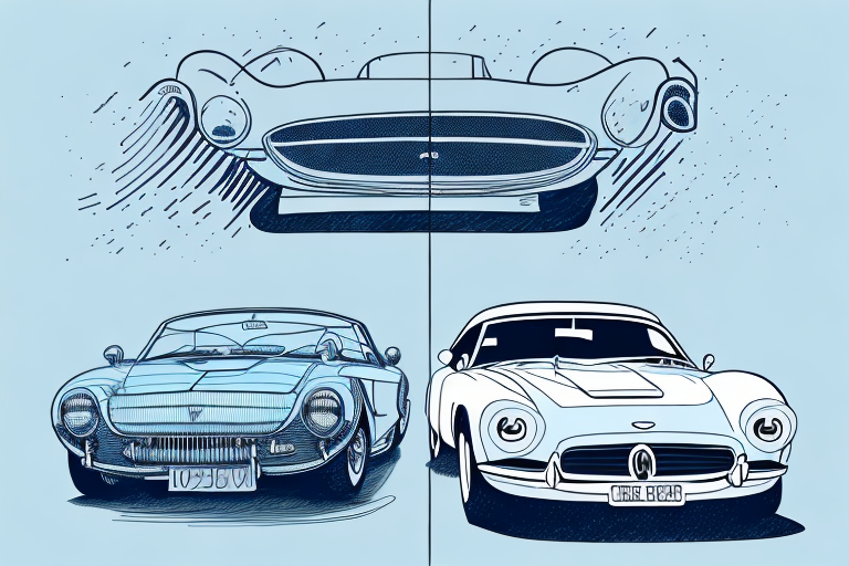 a classic and a modern sports car side-by-side, hand-drawn abstract illustration for a company blog, in style of corporate memphis, faded colors, white background, professional, minimalist, clean lines