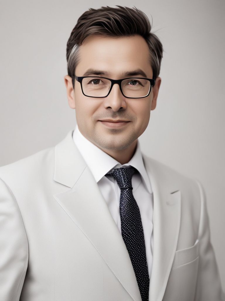 Headshot of a man in a white business suit.