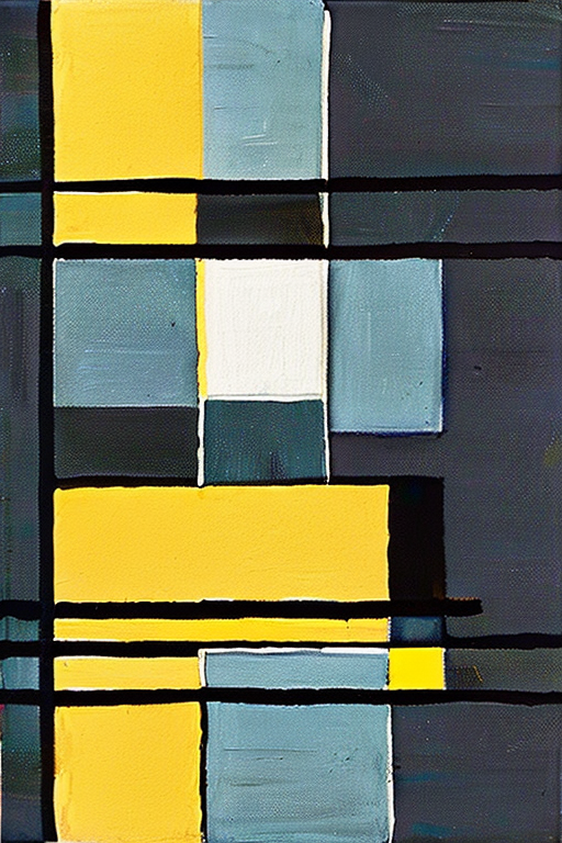AI generated art representing "Generate a geometric abstract painting inspired by the style of Piet Mondrian, incorporating the living room's color scheme of yellow, dark blue, and grey. The composition should consist of simple shapes and clean lines, creating a modern and sophisticated aesthetic. Arrange the shapes in a balanced and harmonious pattern, evoking a sense of vibrancy and energy that matches the desired summer atmosphere."