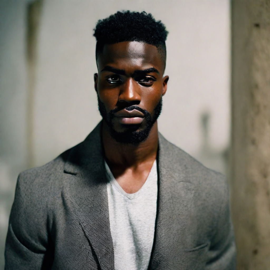 front shot, photo of Black man 5,8” 24 yo, strong jawline, large eyes, large nose, gangster  looks at viewer, cinemati