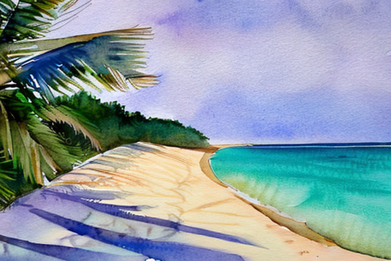 AI generated art representing "Generate a tranquil watercolor depicting a pristine tropical beach with palm trees, white sands, and crystal-clear turquoise waters, using a color palette of blues, greens, and sandy yellows."