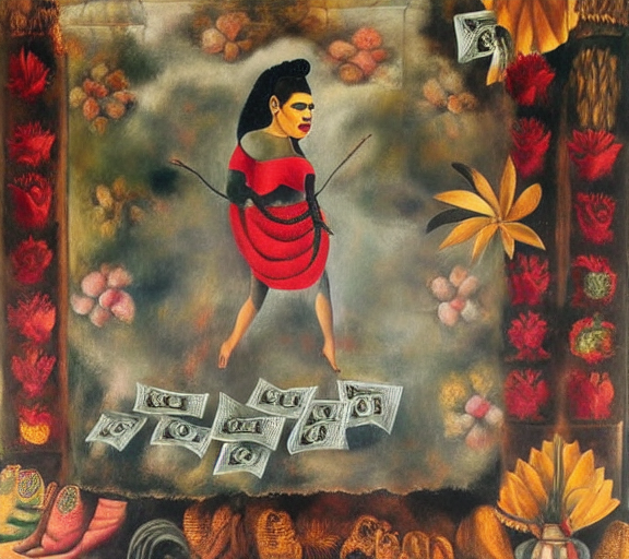 A person standing on a lot of cash by Frida Kahlo