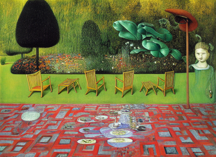 Patio chairs and tables by a manicured garden path  by da Vinci by Salvador Dali by Frida Kahlo by Picasso by Rembrandt 