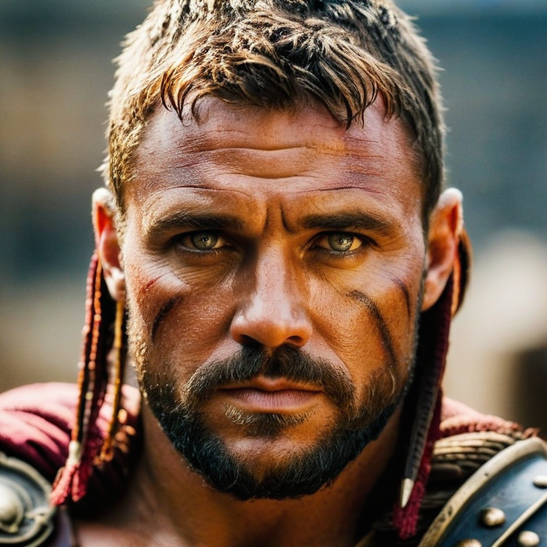 front shot, actor photo of a gladiator  looks at viewer, cinematic shot