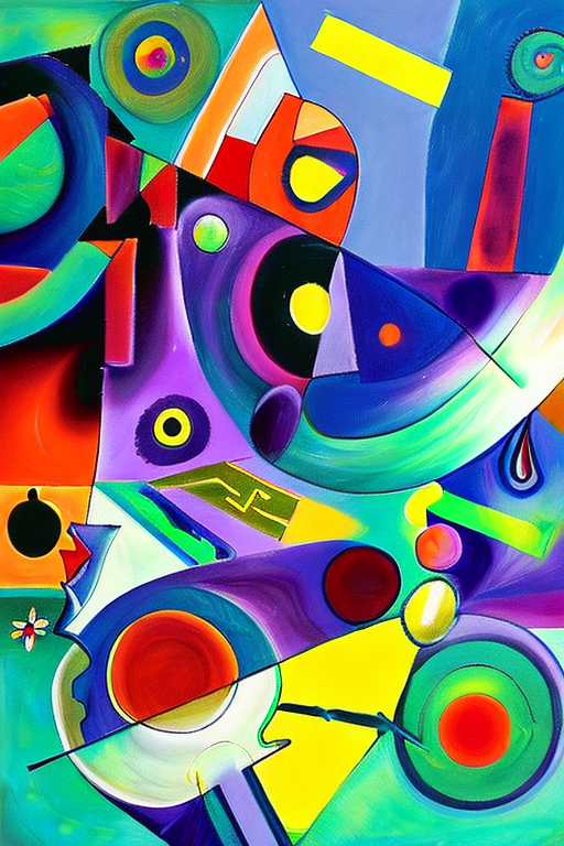 AI generated art representing "An expansive landscape of intense colours and shapes, inspired by Wassily Kandinsky's Composition X. Deep purples, rich blues, chaotic forms, surreal symbols, abstract shapes, and startling contrasts."