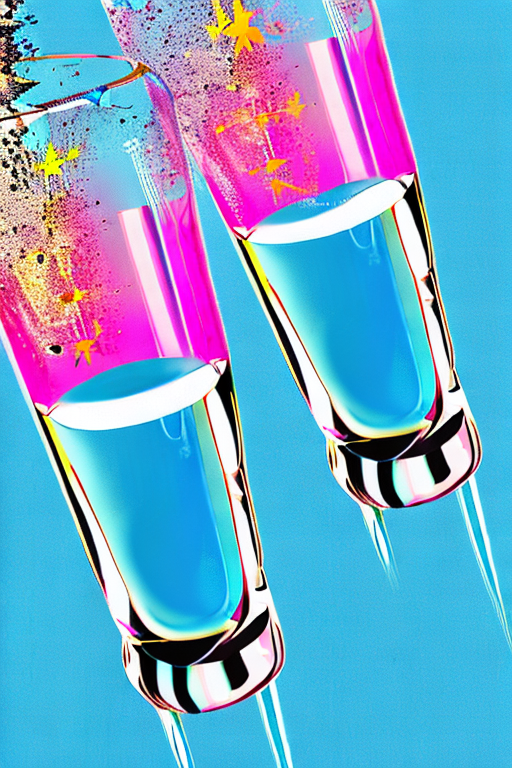 AI generated art representing "Two champagne glasses cross in mid-air, a minimalist celebration made more vivid by the bright graphic design print. High contrast, vibrant colours, dynamic composition, strong shadows, geometric forms, and a hint of motion."