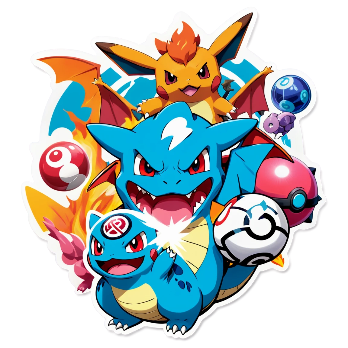 with charizard, holding a pokeball, with jigglypuff, with ash, with gym badges, with mewtwo, in a battle, with bulbasaur, with squirtle, with eevee pokemon stickers