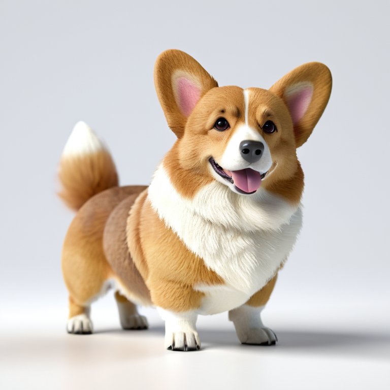 white background, front shot studio 3D render of corgi, cinematic shot