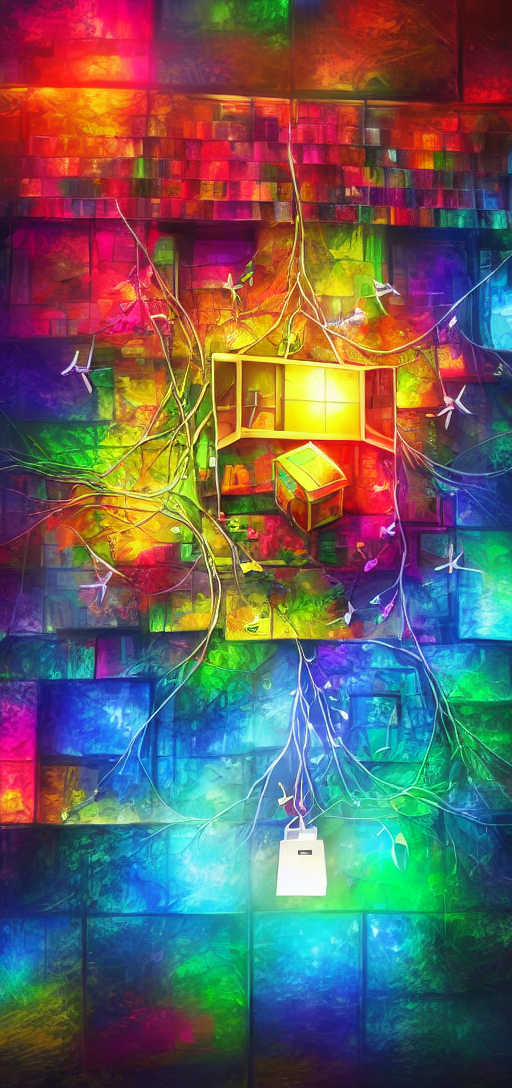 Colorful cube in corner with a lot of keys at night on a tree, 8k, photorealistic, masterpiece, insanely detailed, hyper