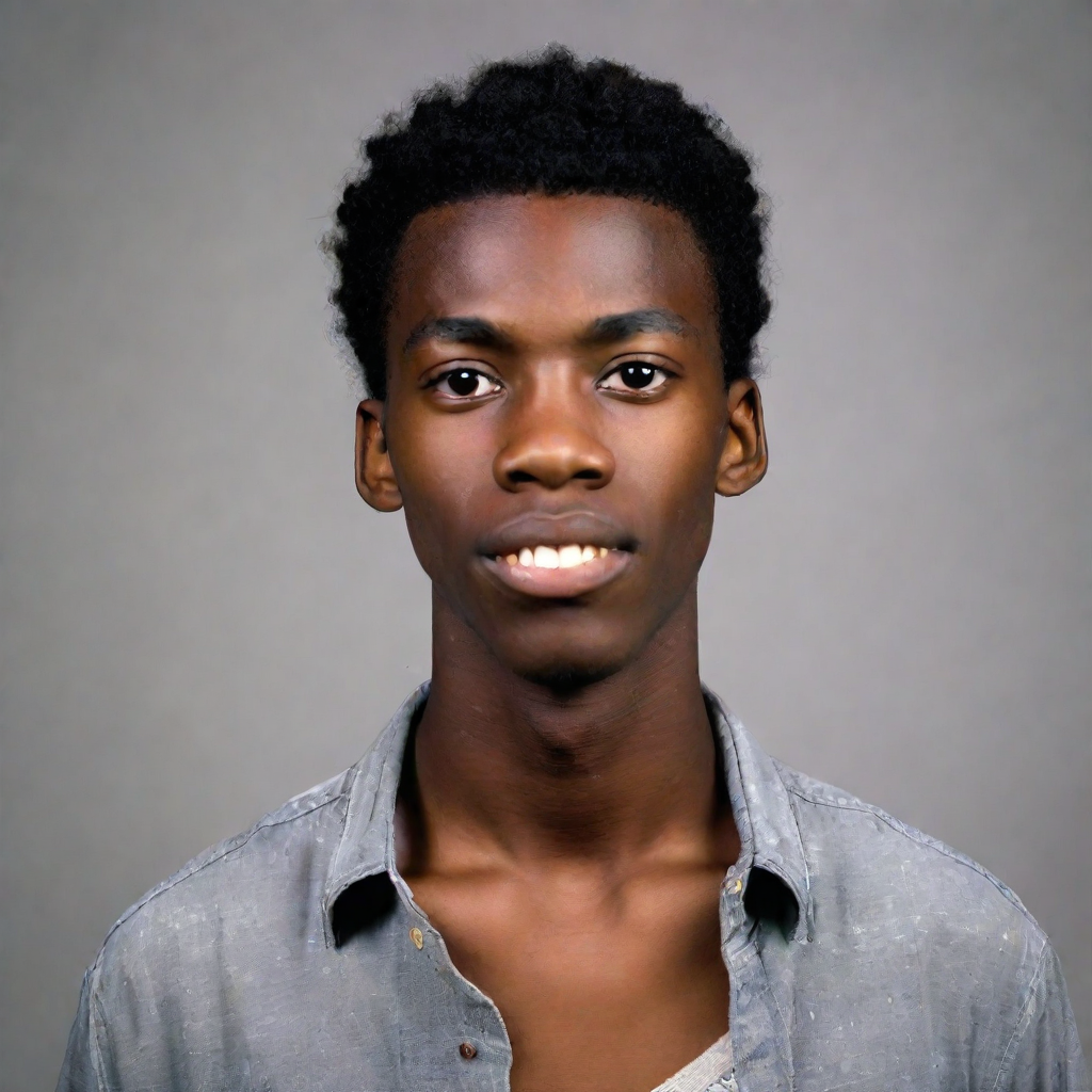 front shot, photo of Black male, skinny, approximately 5’8”, high school age.  looks at viewer, cinematic shot
