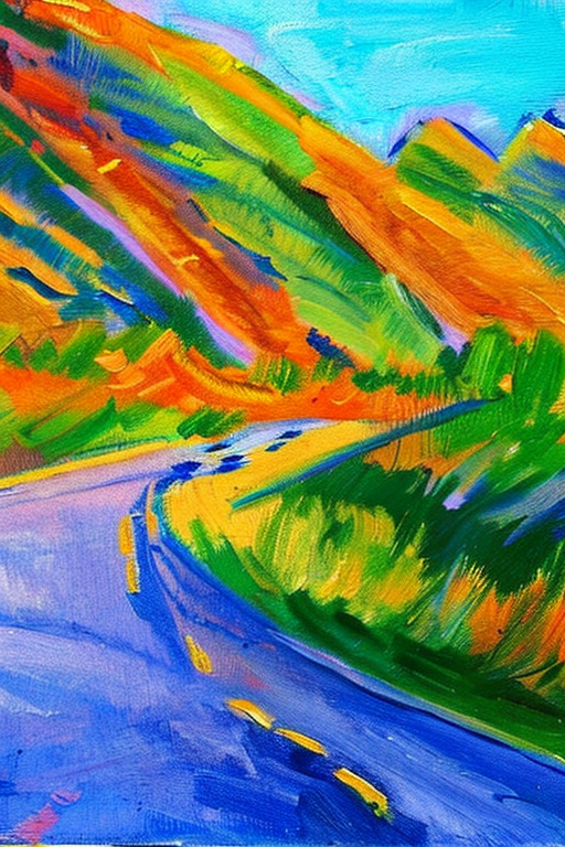 AI generated art representing "a painting of the ha giang loop in vietnam, at golden hour, winding roads, blue sky."