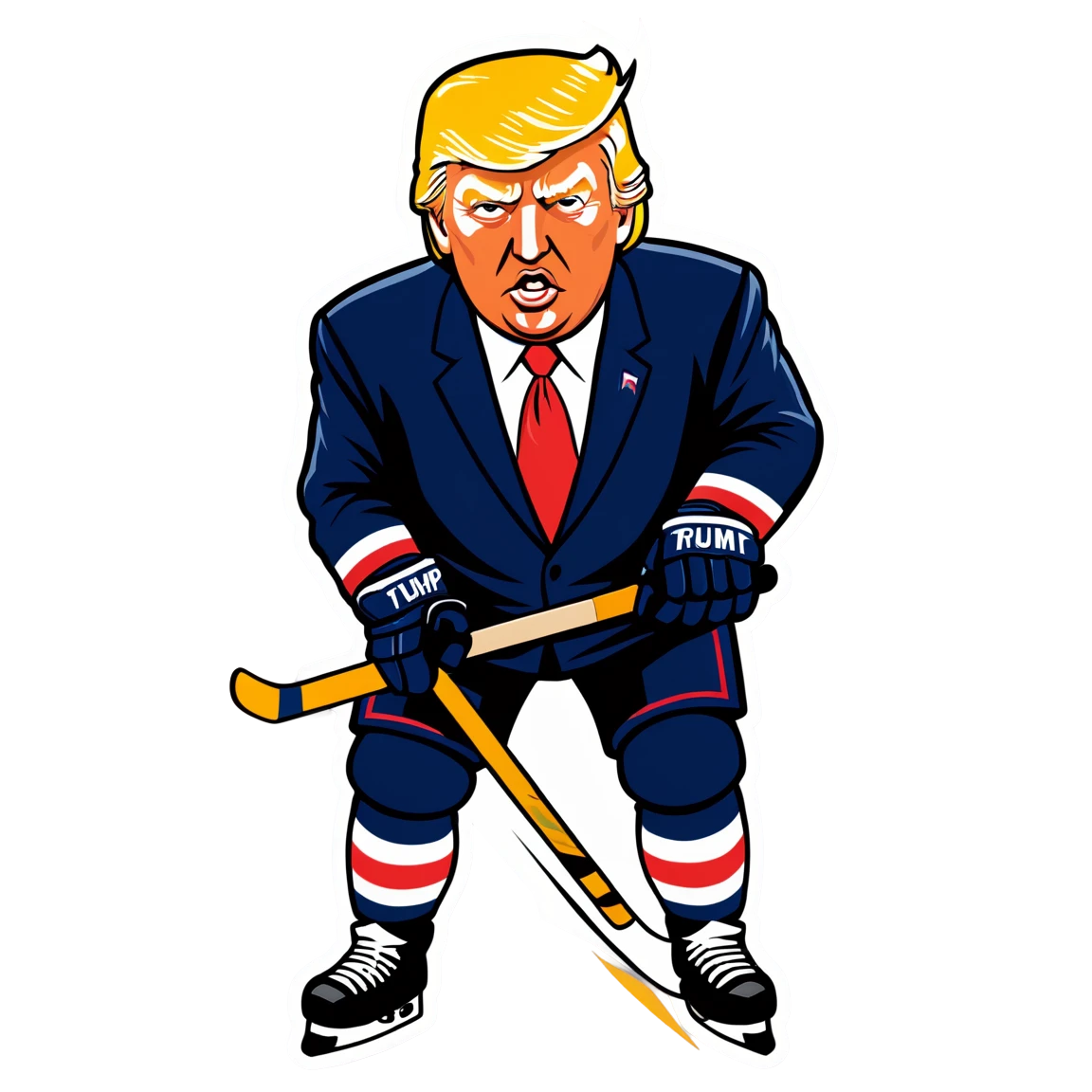 Donald trump playing hockey with stick , on ice, wearing a helmet hockey stickers