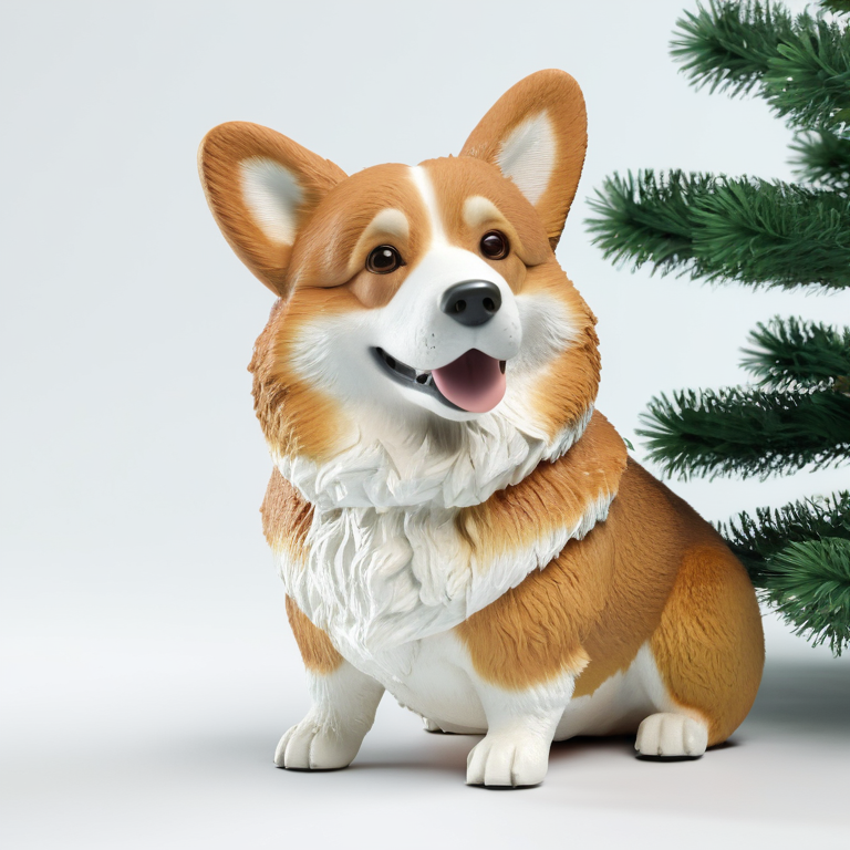 white background, front shot studio 3D render of corgi tree, cinematic shot