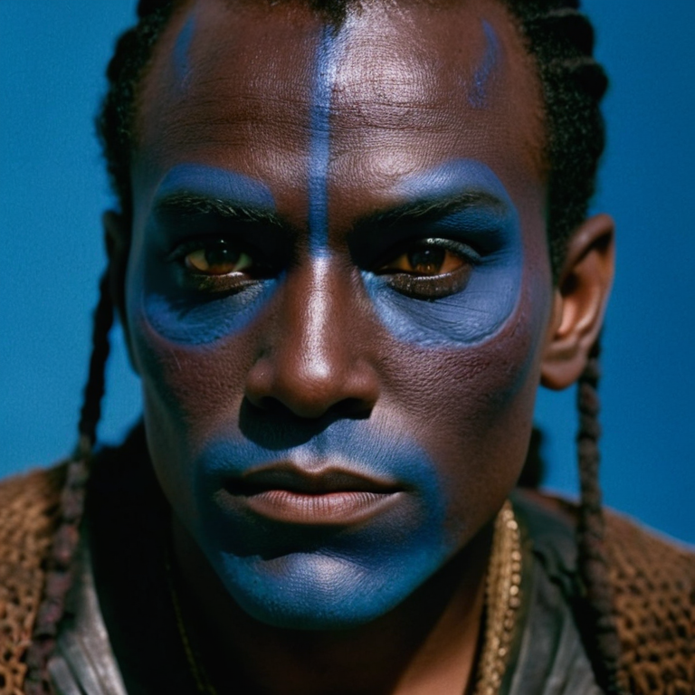 front shot, actor photo of a Blue skin  looks at viewer, cinematic shot