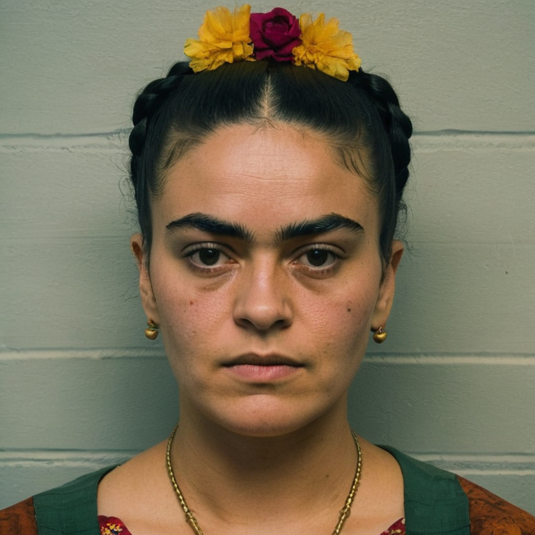front shot, mugshot photo of a woman who looks like frida kahlo  looks at viewer, cinematic shot