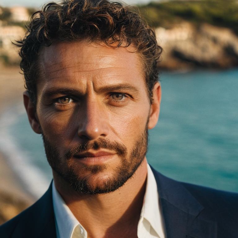 front shot, actor photo of a Mediterranean  looks at viewer, cinematic shot