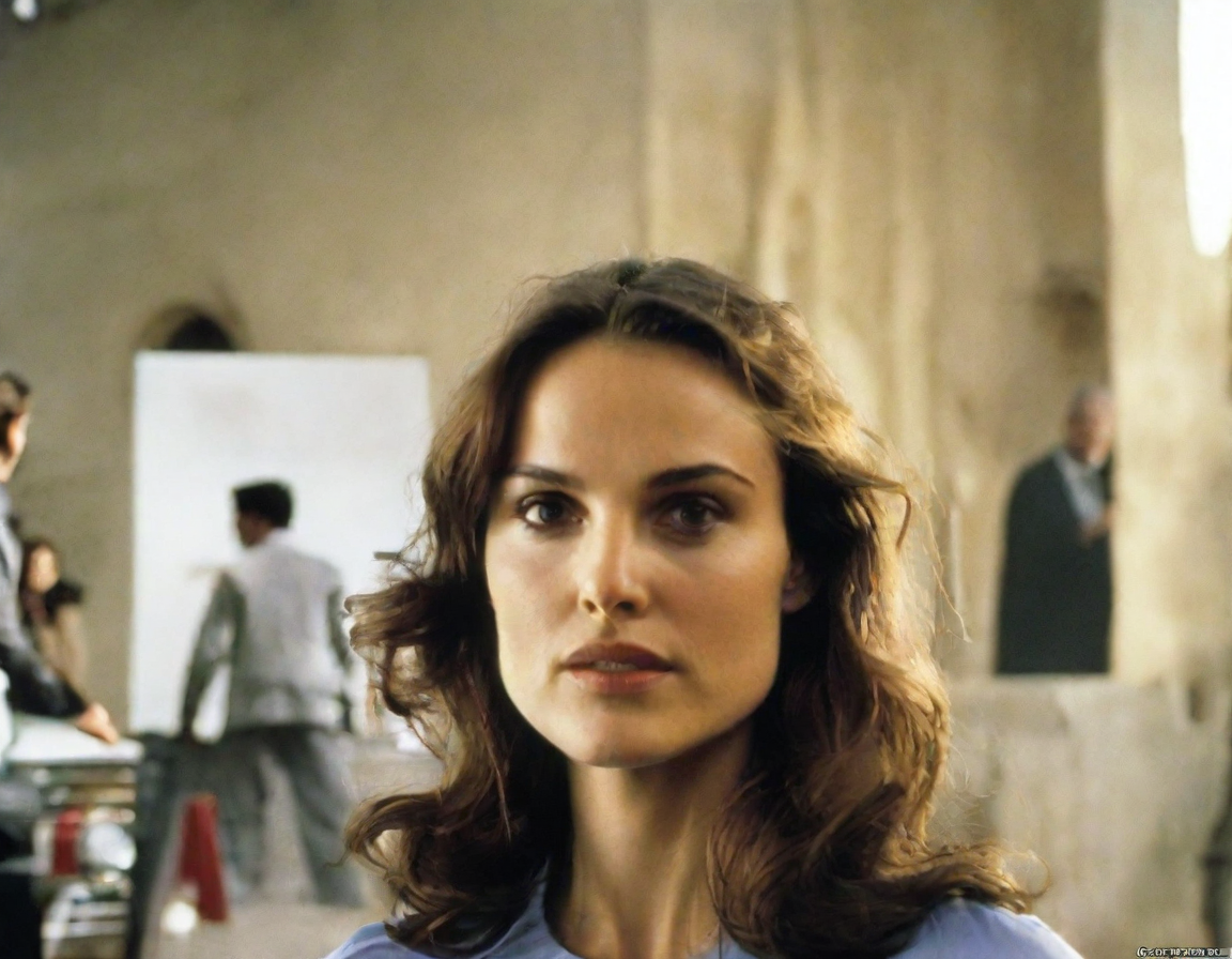 front shot, photo of natalie portman looks at viewer, cinematic shot