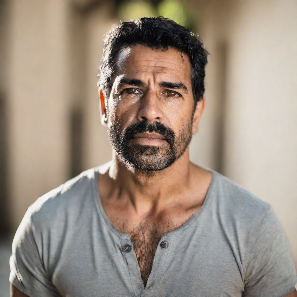 front shot, photo of Hispanic male approx 40 years old brown eyes  looks at viewer, cinematic shot