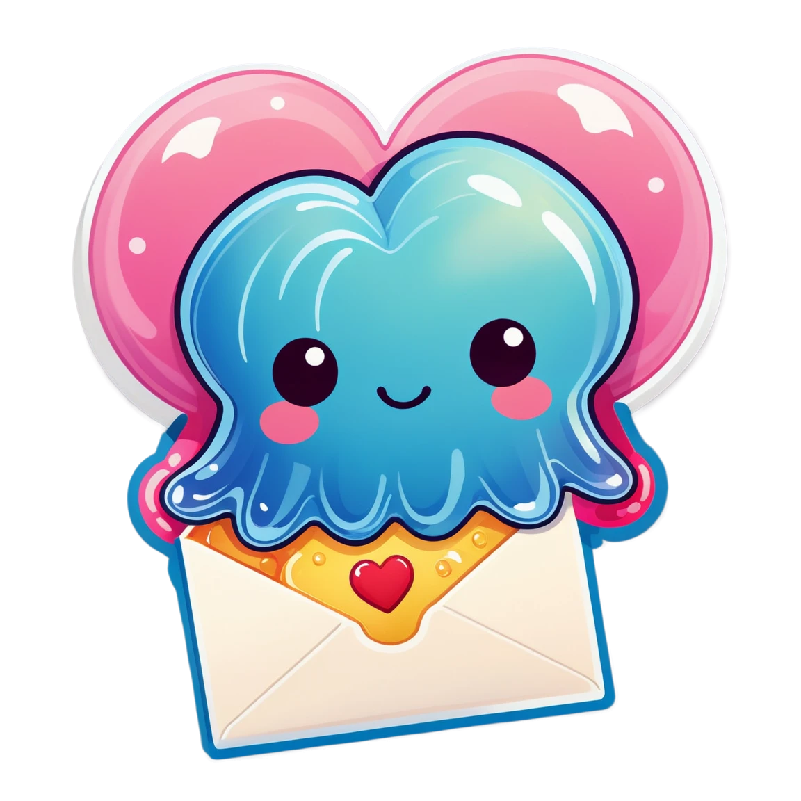 A fluffly jelly holding an envelop with a heart seal kawaii stickers