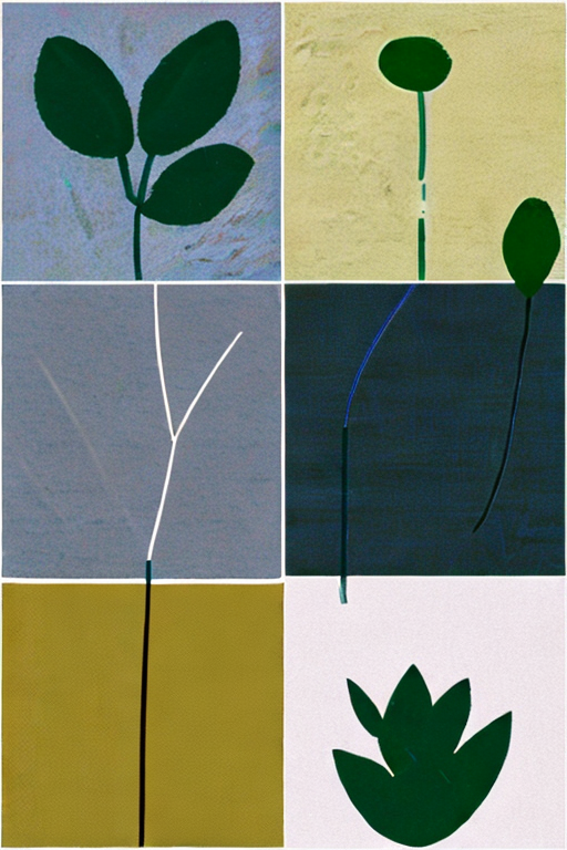 AI generated art representing "Design a minimalist botanical artwork reminiscent of Ellsworth Kelly's plant drawings, depicting delicate plant or flower elements that capture the essence of spring and summer. The illustration should consist of simple line drawings or silhouettes of leaves and flowers against a white or light-colored background. Use a limited color palette of soft yellows, blues, and greys to complement the living room's existing color scheme."