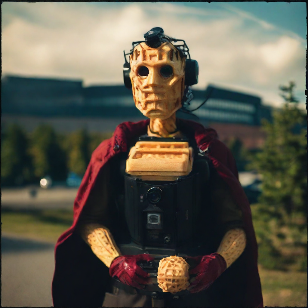 front shot, photo of WAfflehead  looks at viewer, cinematic shot